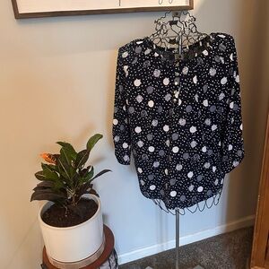 Notations Navy Blue and White Polka Dot Blouse